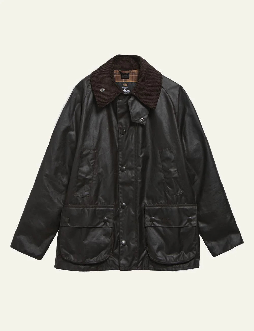 Men's Barbour dark brown waxed cotton jacket with corduroy collar and front pockets