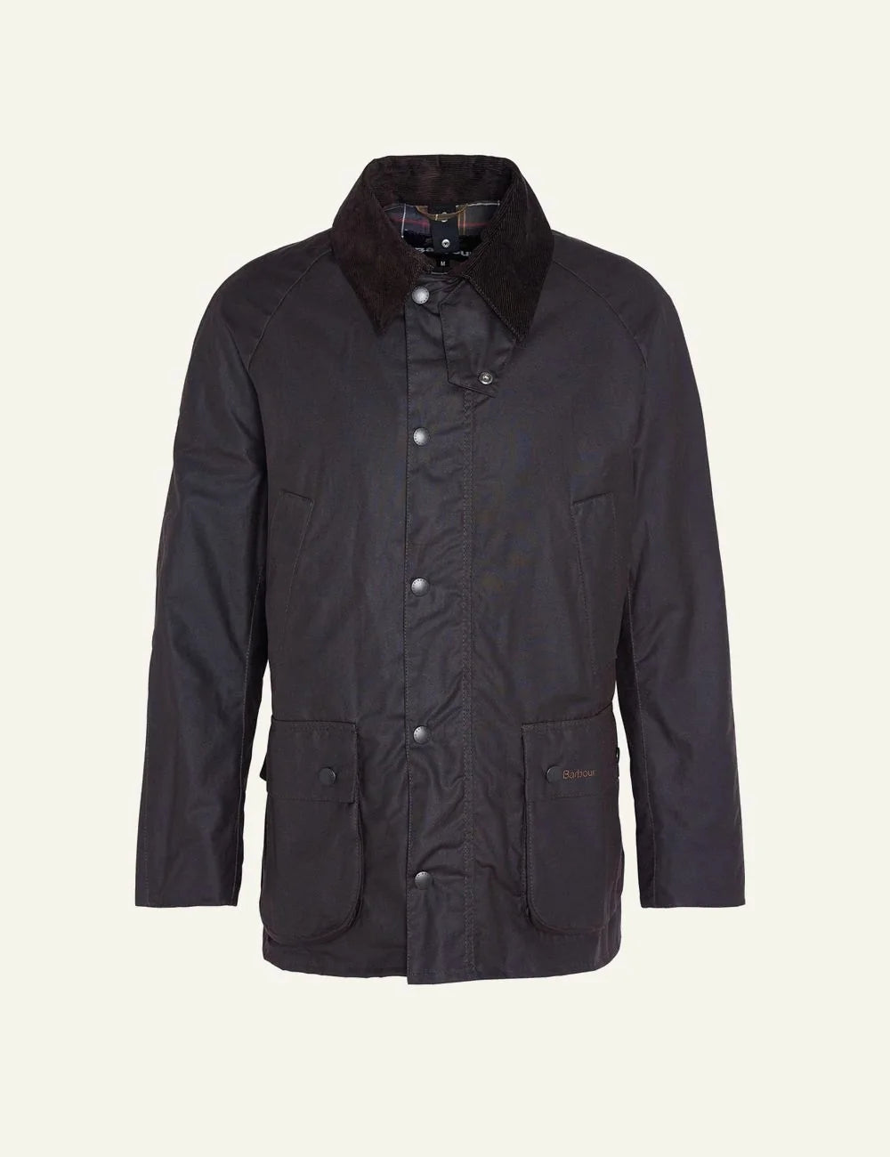 Men's Barbour dark brown waxed cotton jacket with corduroy collar and front pockets