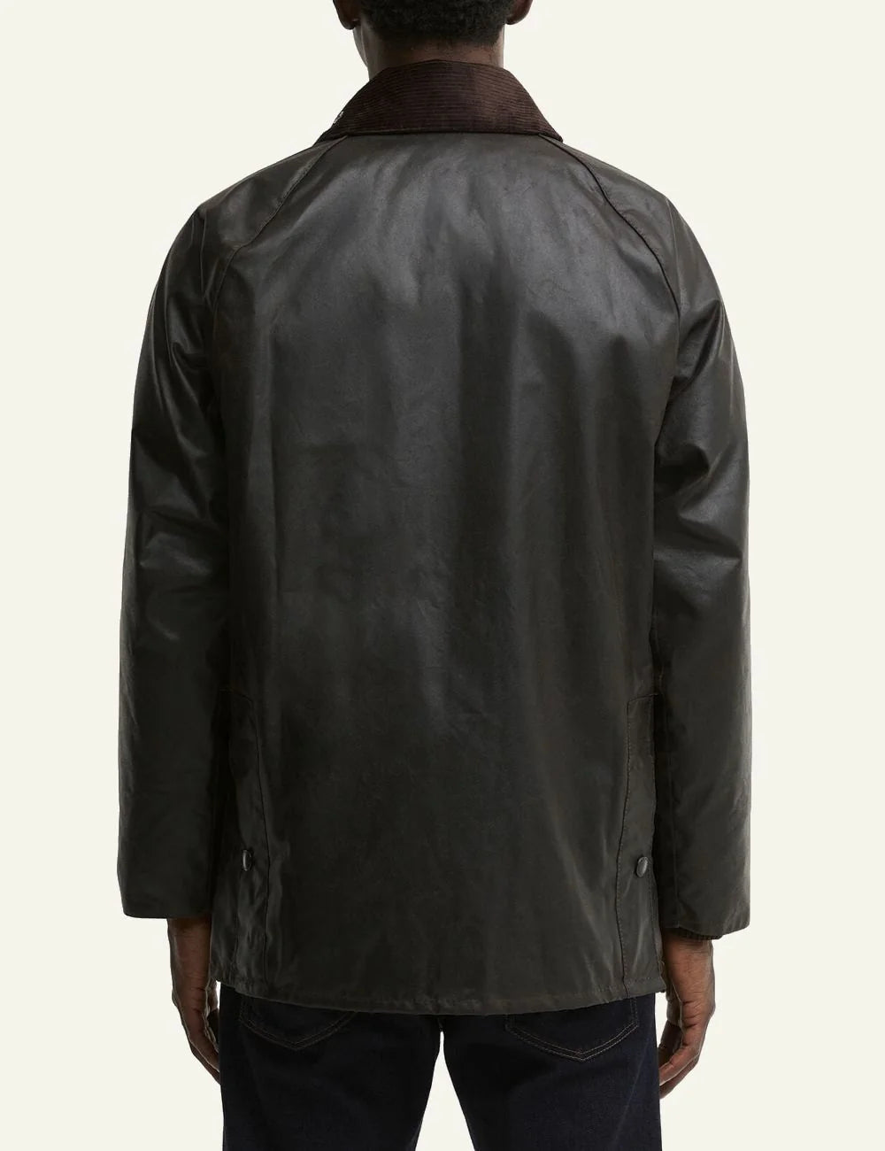 Men's Barbour dark brown waxed cotton jacket with corduroy collar and front pockets back