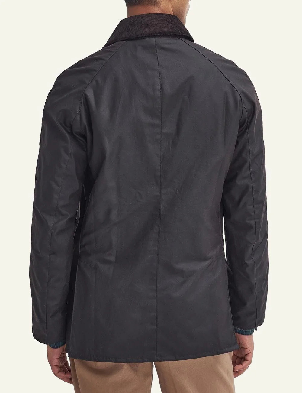 Men's Barbour dark brown waxed cotton jacket with corduroy collar and front pockets back