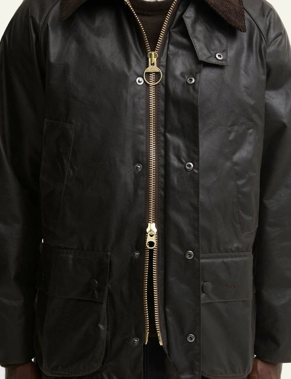 Men's Barbour dark brown waxed cotton jacket with corduroy collar and front pockets detail
