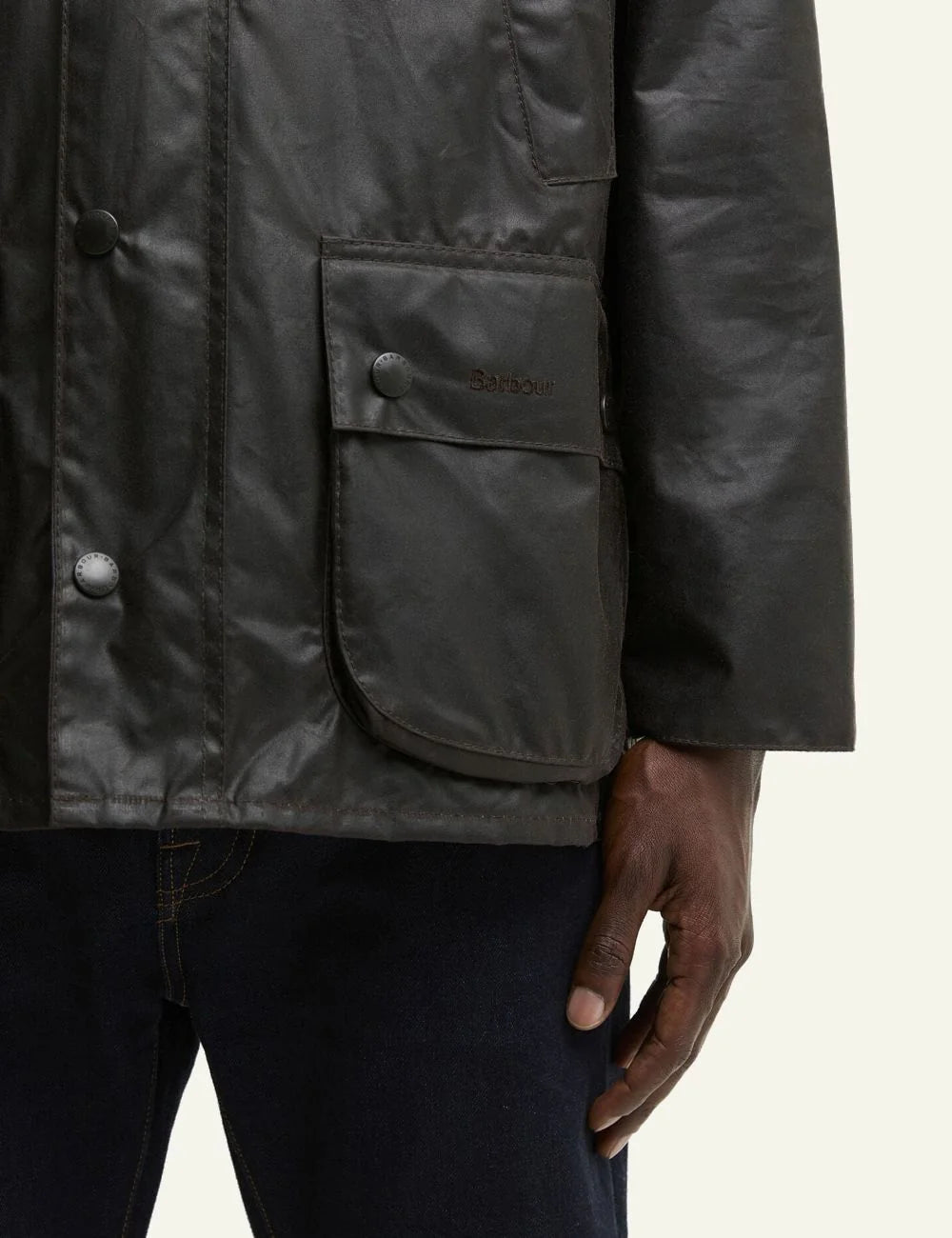 Men's Barbour dark brown waxed cotton jacket with corduroy collar and front pockets pocket