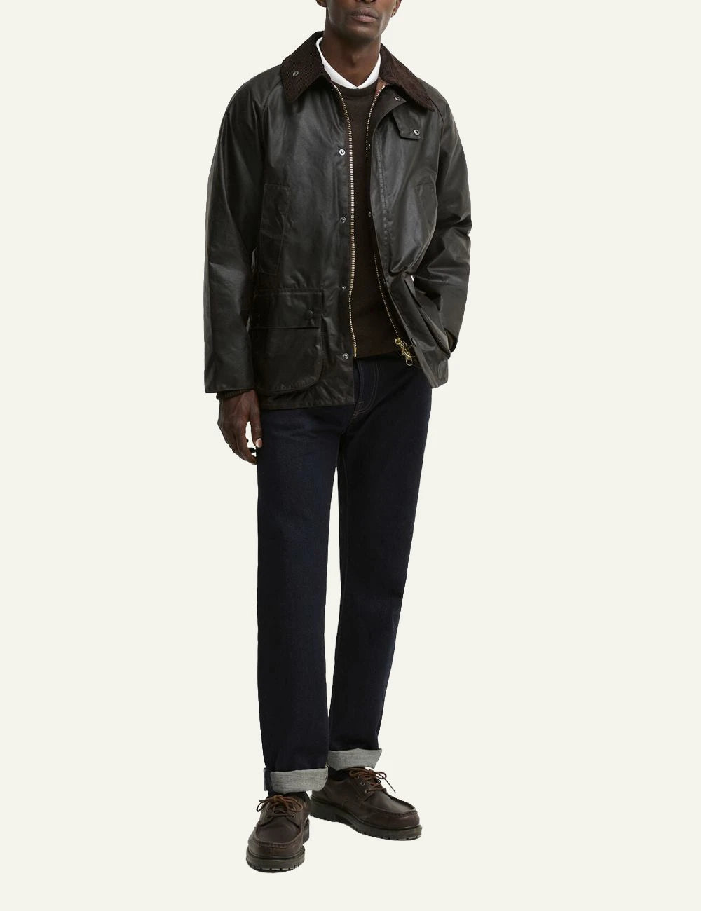 Men's Barbour dark brown waxed cotton jacket with corduroy collar and front pockets full body
