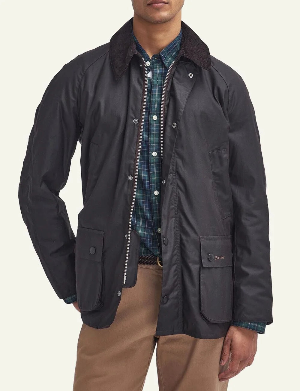 Men's Barbour dark brown waxed cotton jacket with corduroy collar and front pockets detail