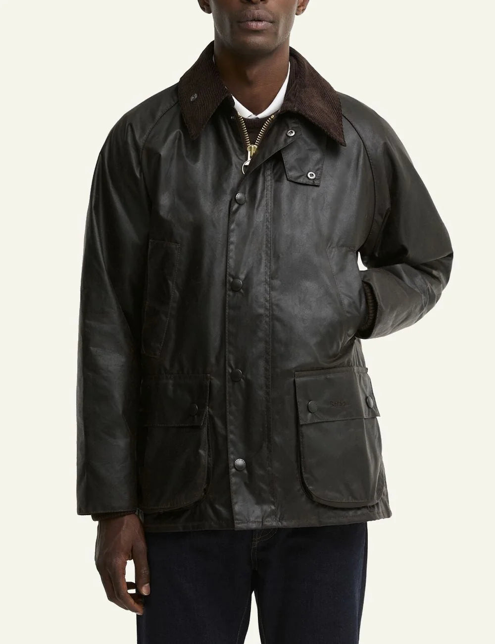 Men's Barbour dark brown waxed cotton jacket with corduroy collar and front pockets model