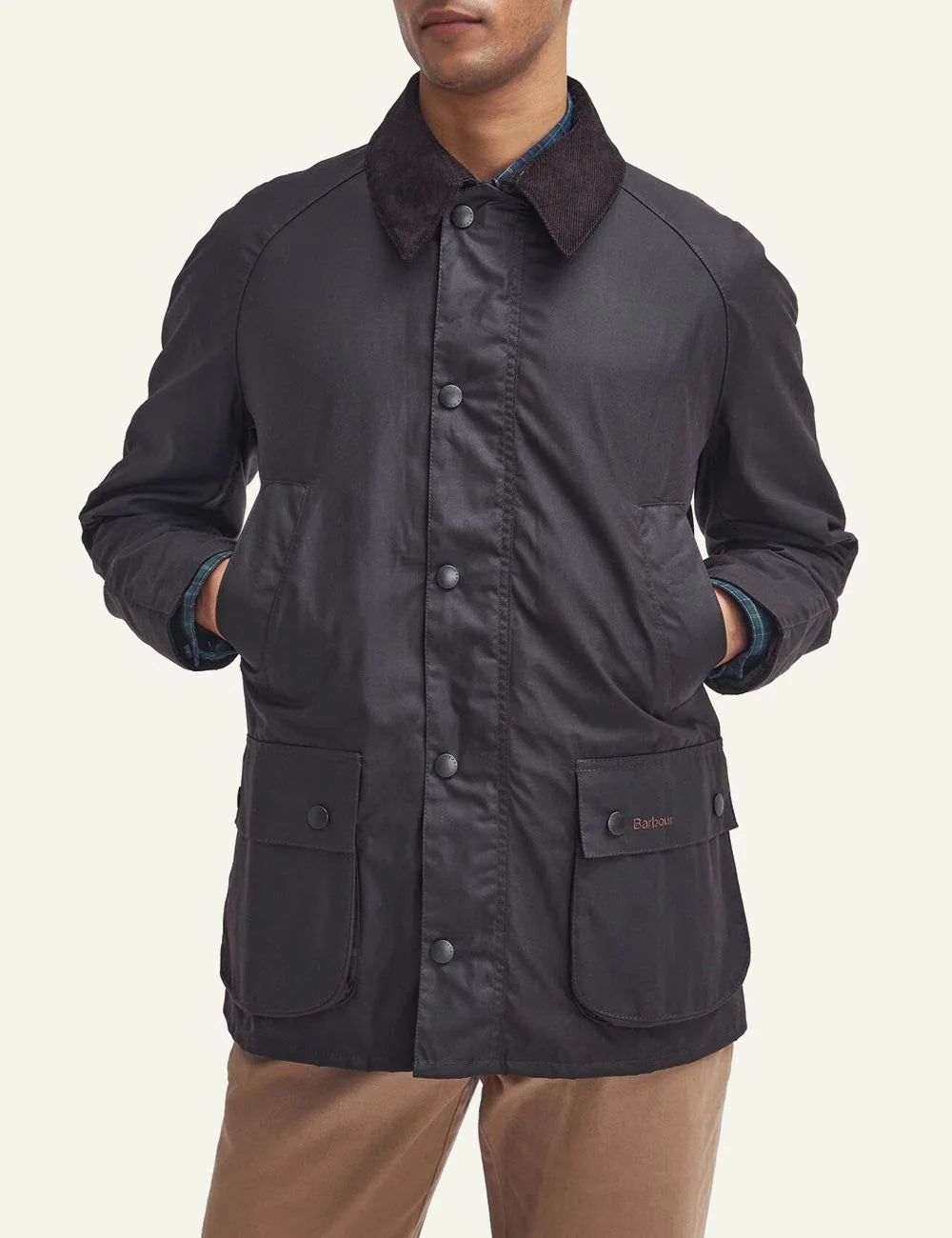 Men's Barbour dark brown waxed cotton jacket with corduroy collar and front pockets model