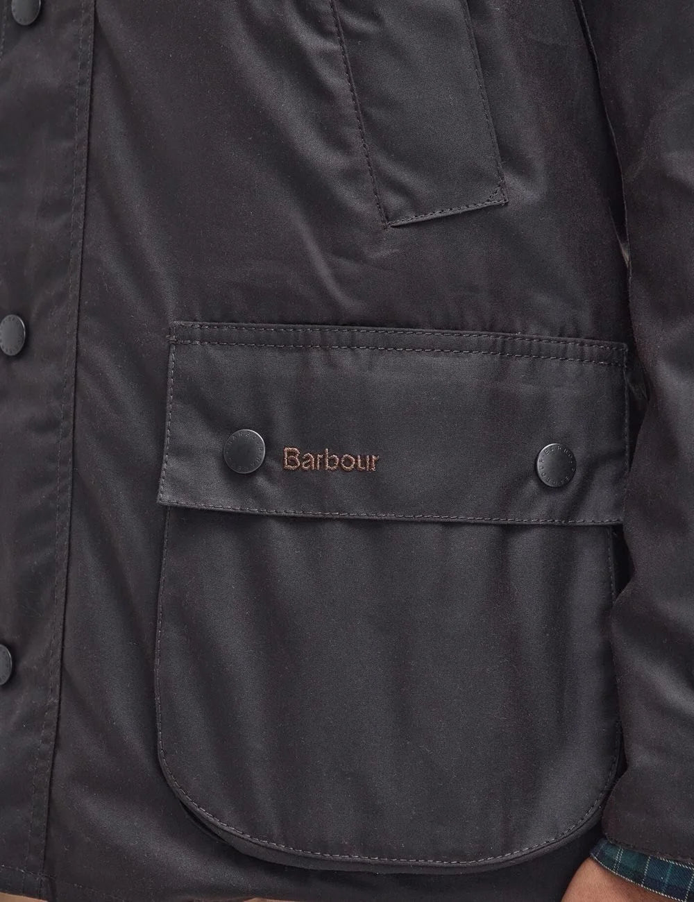 Men's Barbour dark brown waxed cotton jacket with corduroy collar and front pockets detail pocket
