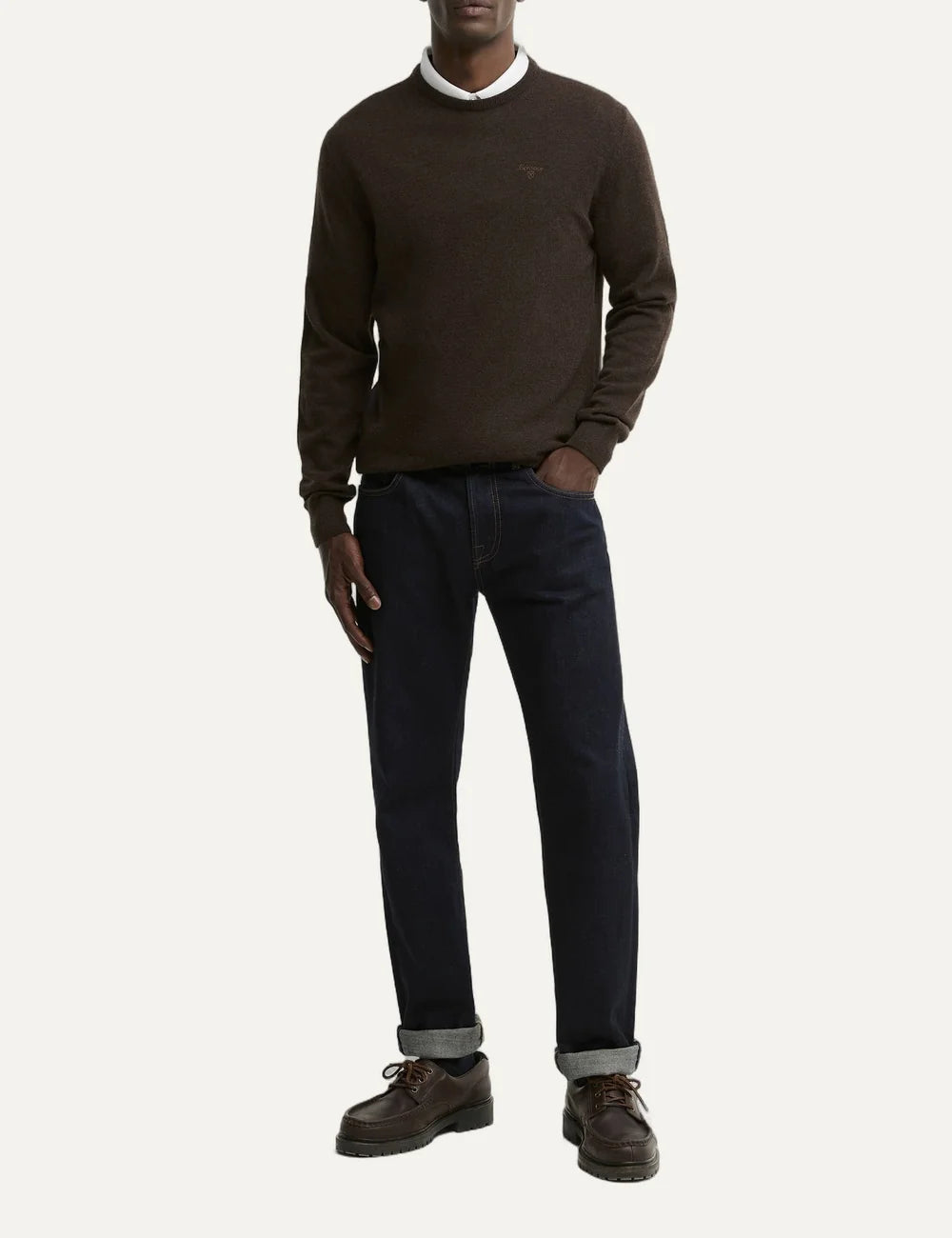 Barbour men's dark brown wool crew neck jumper full body