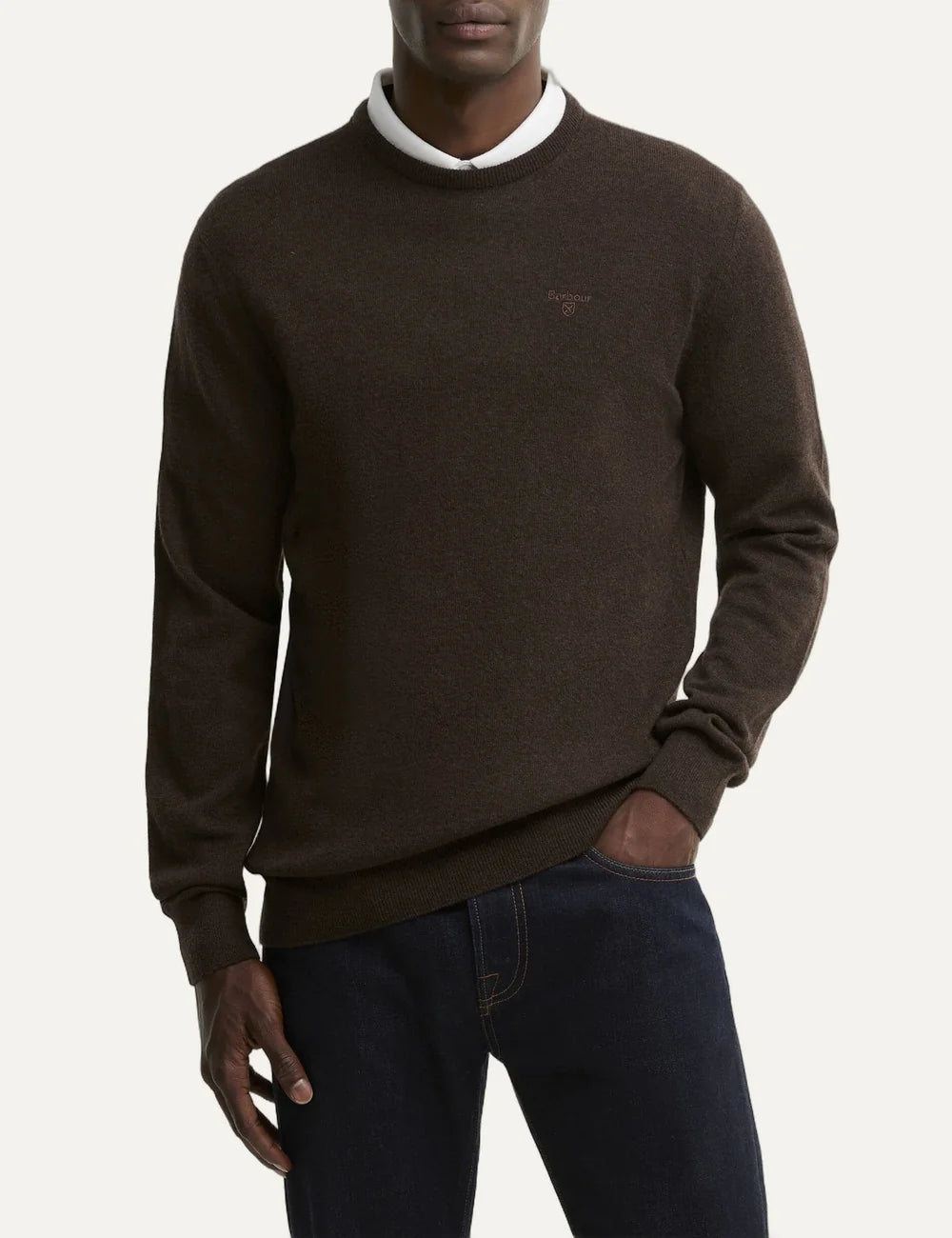 Barbour men's dark brown wool crew neck jumper model