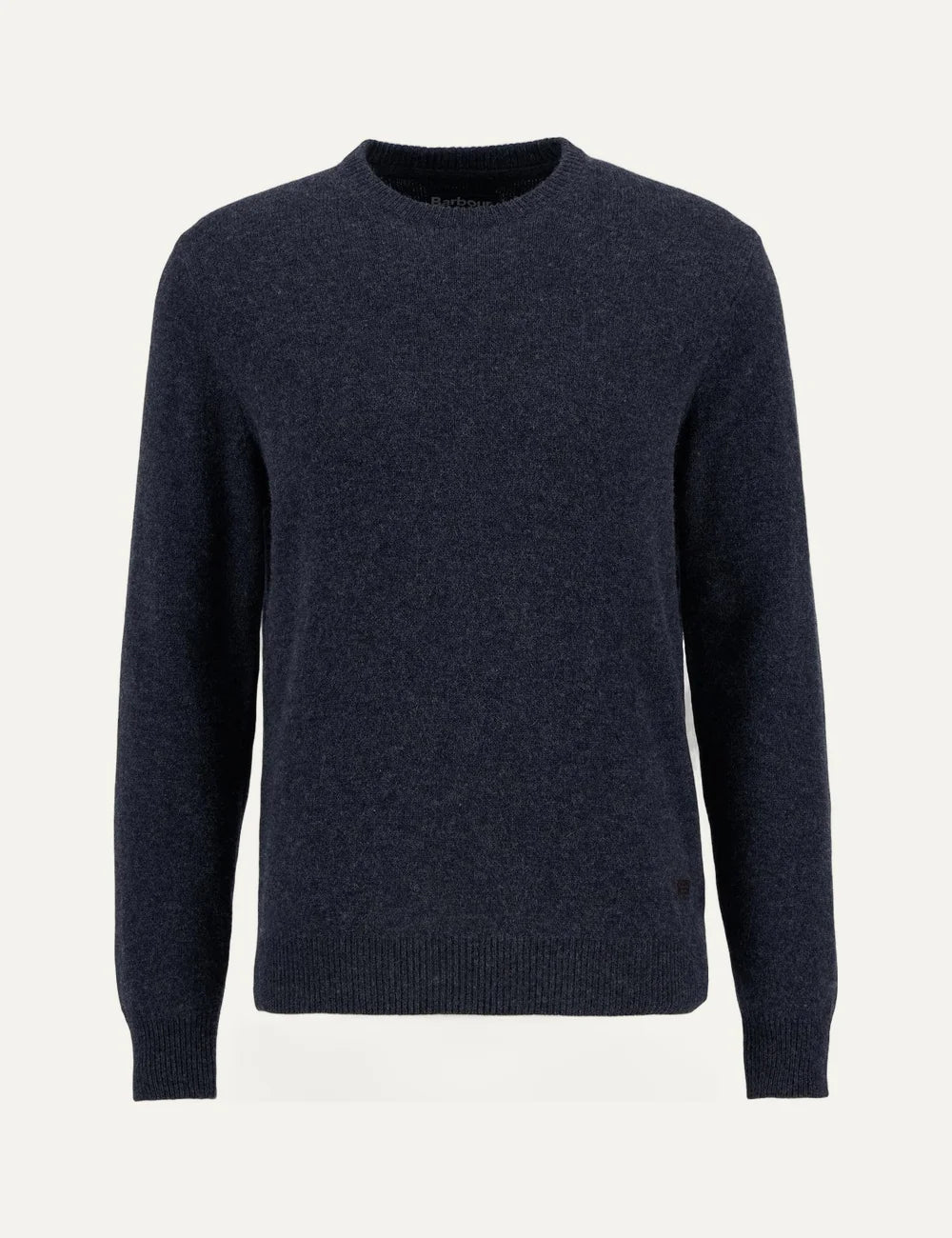 Barbour men's dark charcoal wool crew neck jumper with leather elbow patches