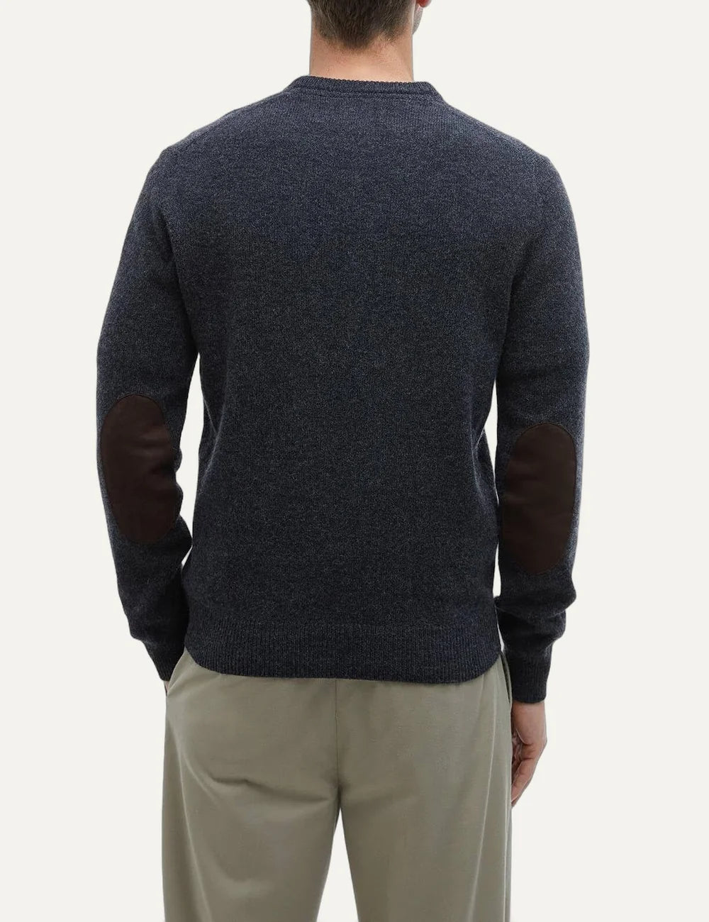 Barbour men's dark charcoal wool crew neck jumper with leather elbow patches back