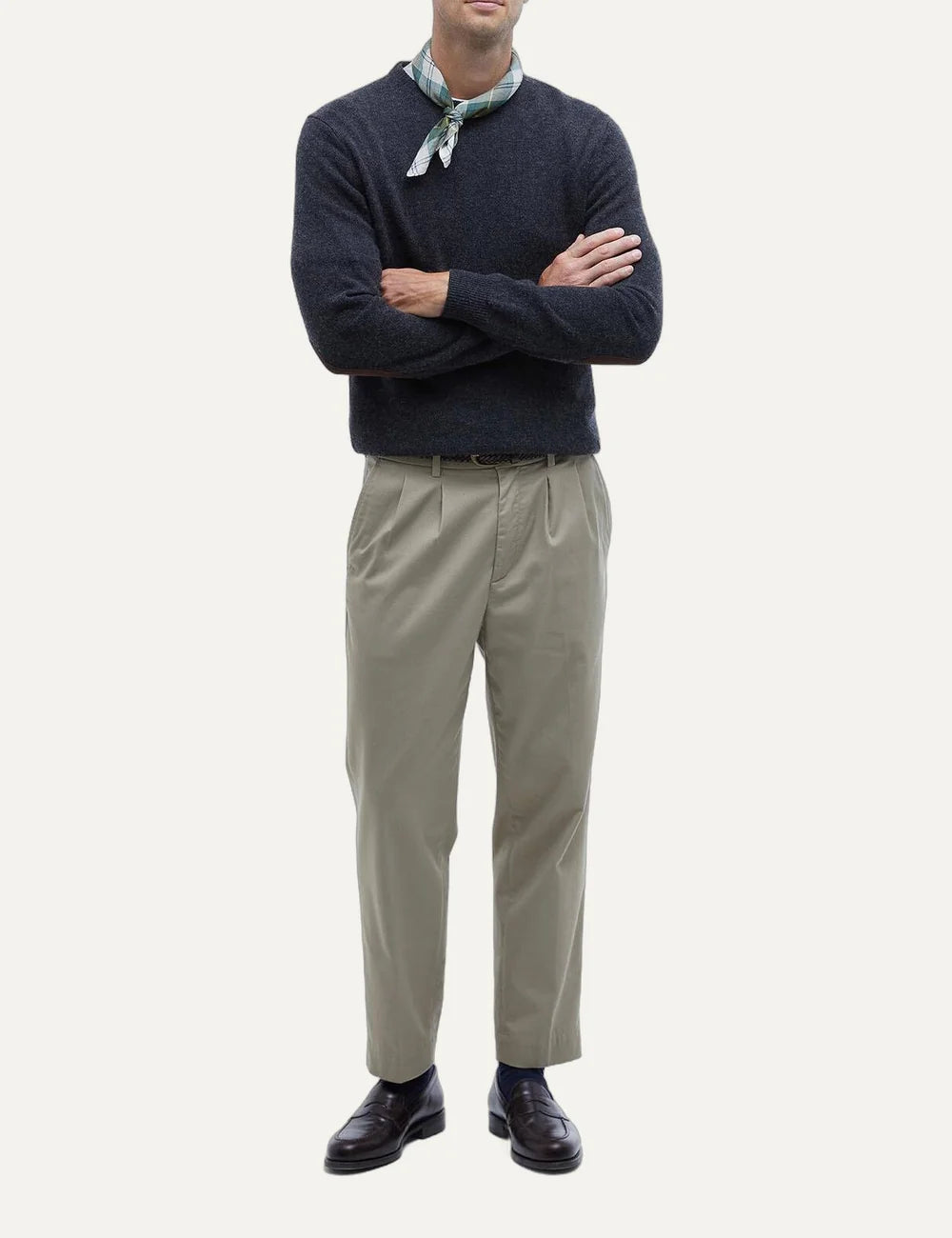 Barbour men's dark charcoal wool crew neck jumper with leather elbow patches full body