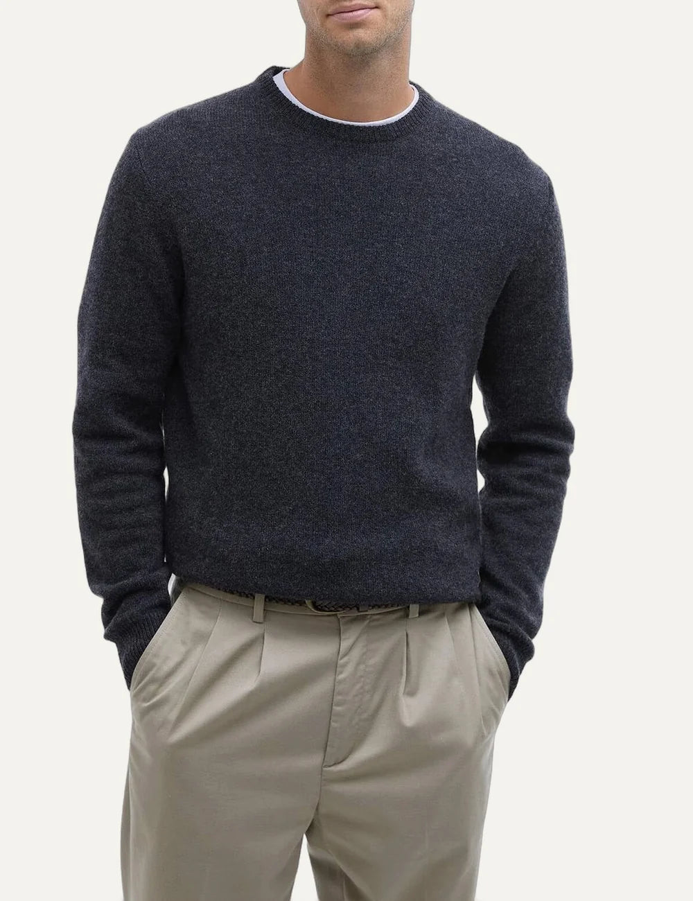 Barbour men's dark charcoal wool crew neck jumper with leather elbow patches model