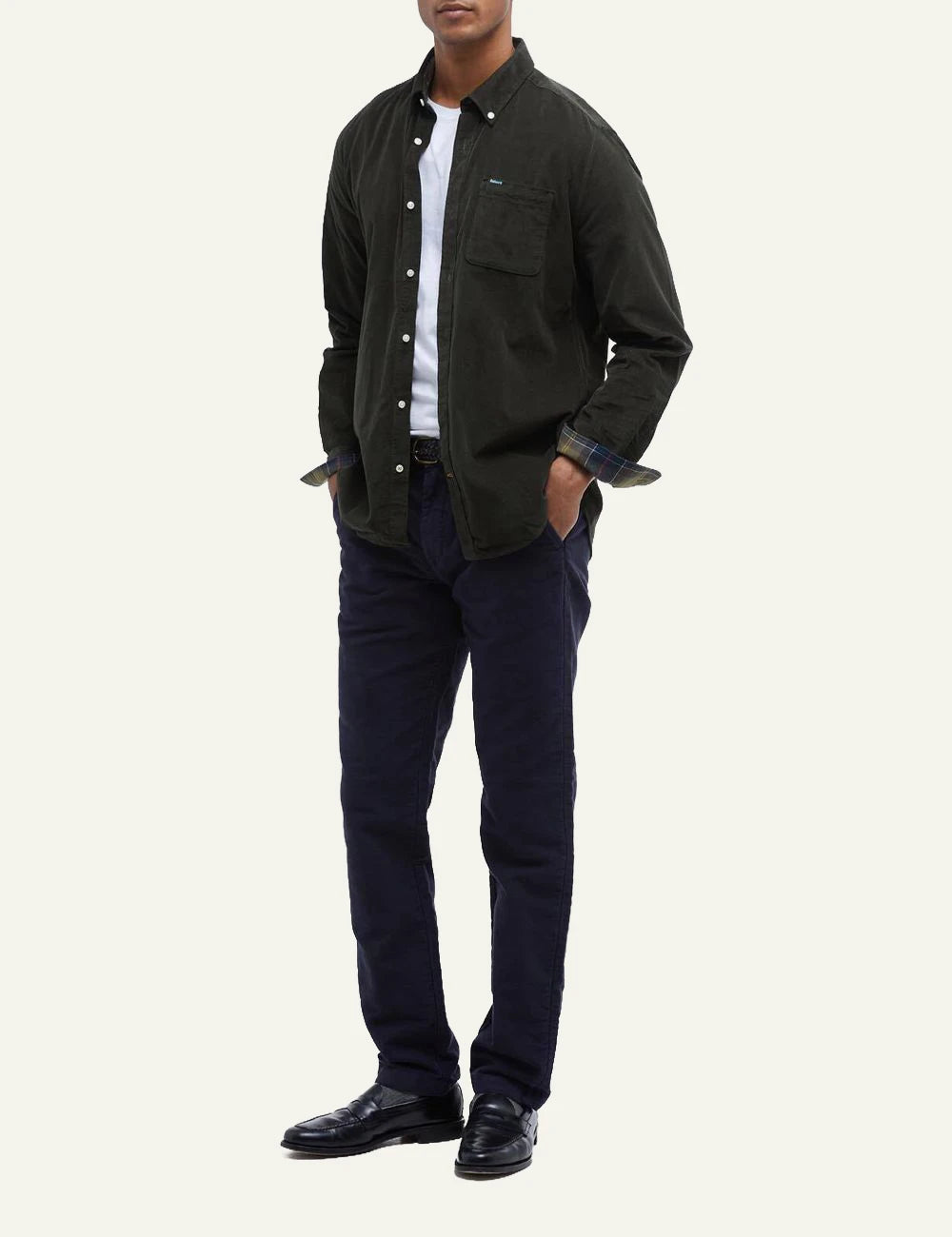 Barbour men's dark green corduroy cotton long sleeve shirt full body