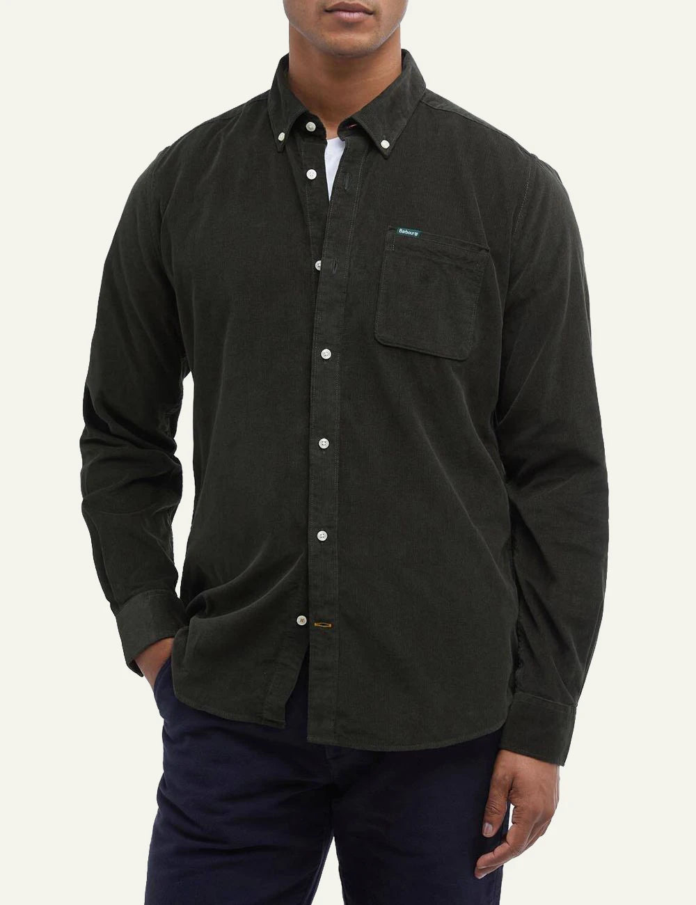 Barbour men's dark green corduroy cotton long sleeve shirt model