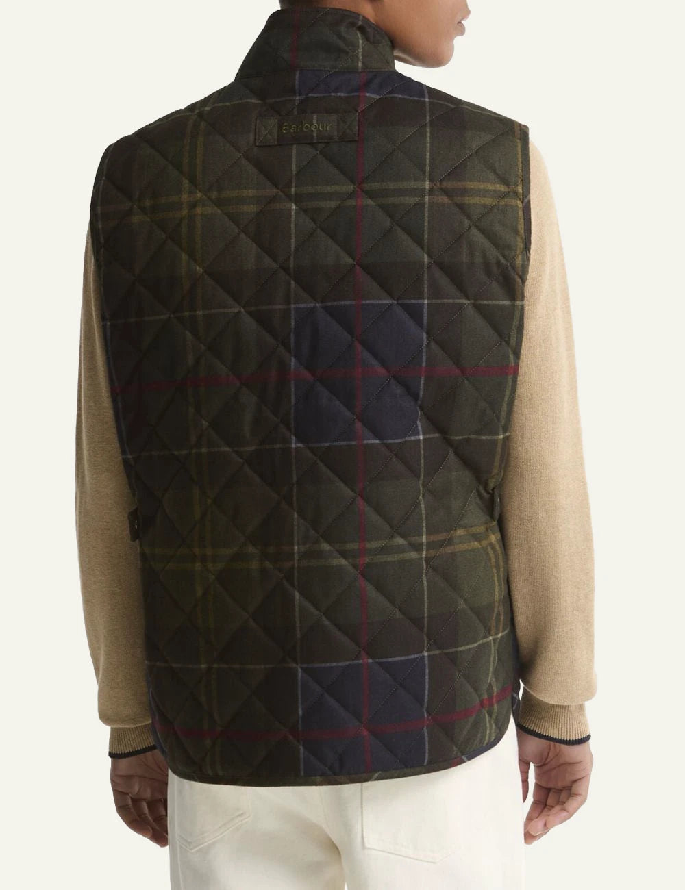 Men's Barbour dark green tartan quilted gilet with front pockets back