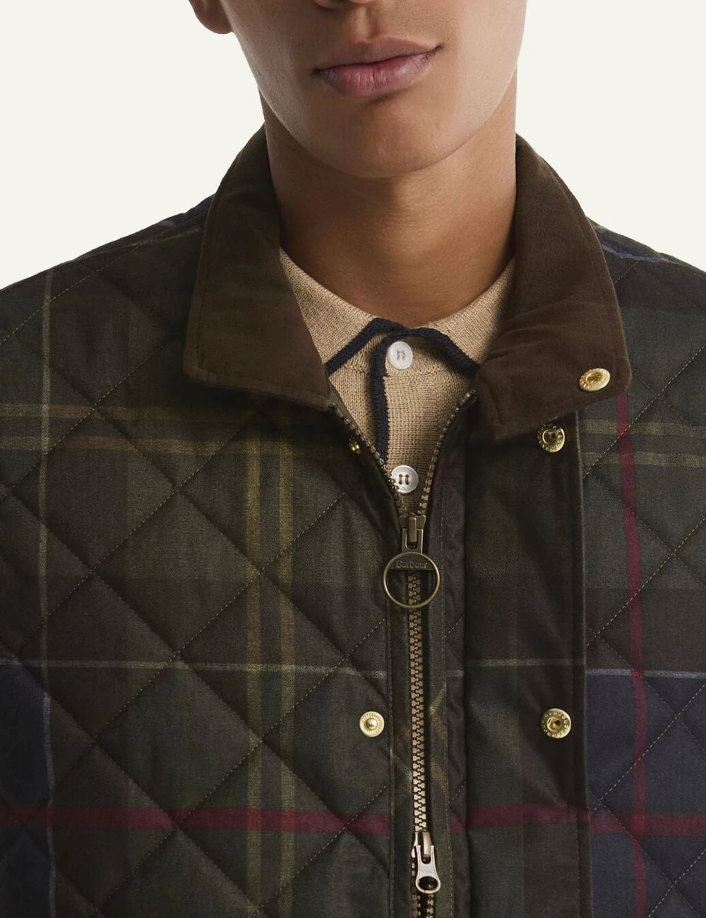 Men's Barbour dark green tartan quilted gilet with front pockets detail