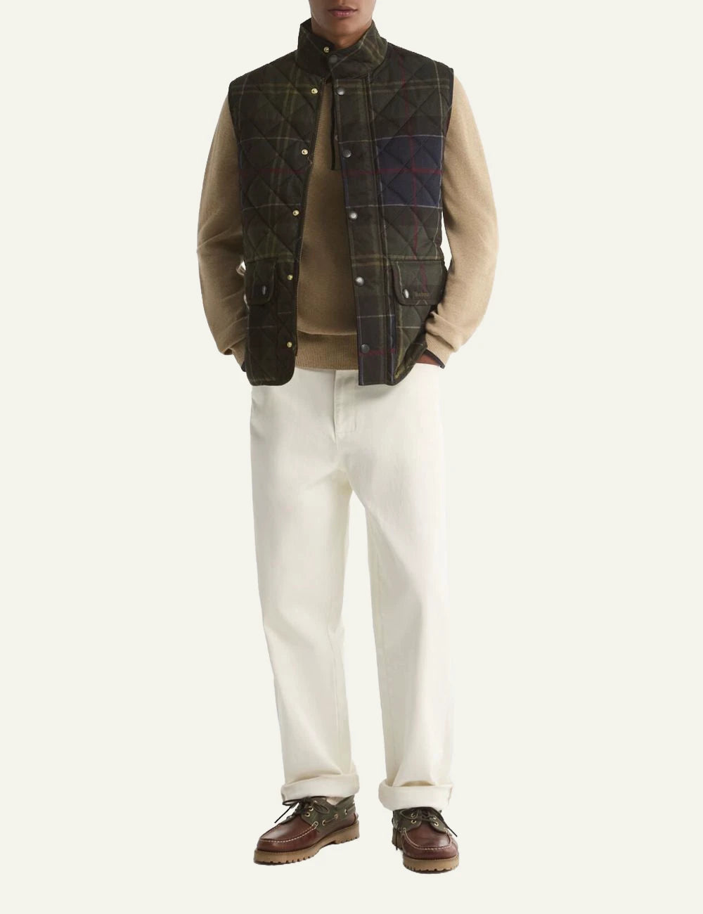 Men's Barbour dark green tartan quilted gilet with front pockets full body