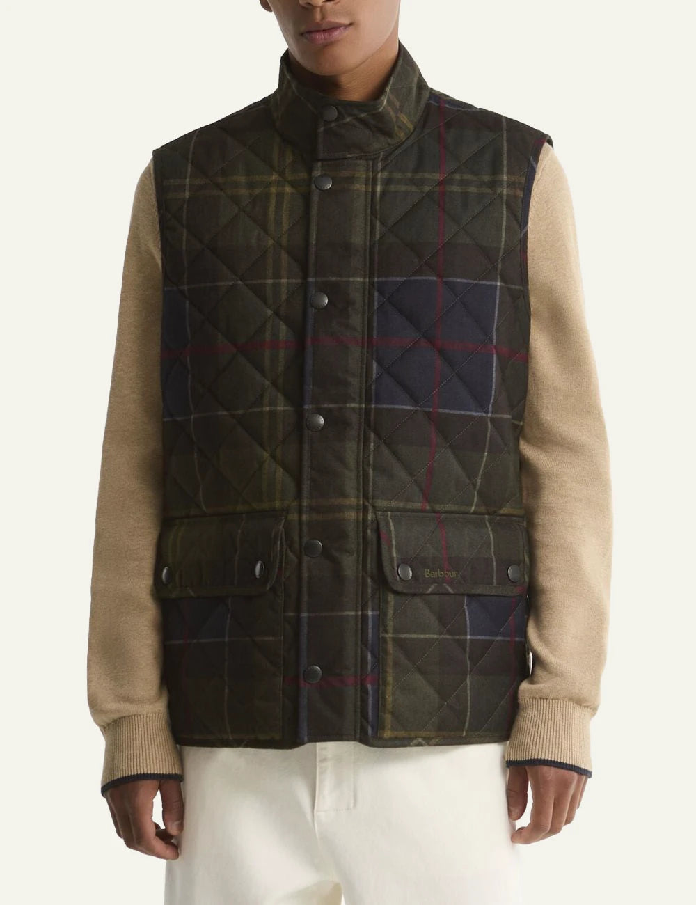 Men's Barbour dark green tartan quilted gilet with front pockets model