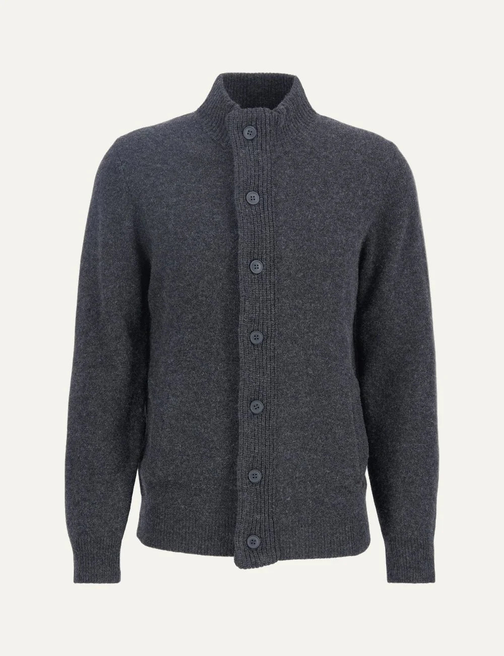 Barbour men's dark grey lambswool button-up knitted cardigan with Alcantara elbow patches
