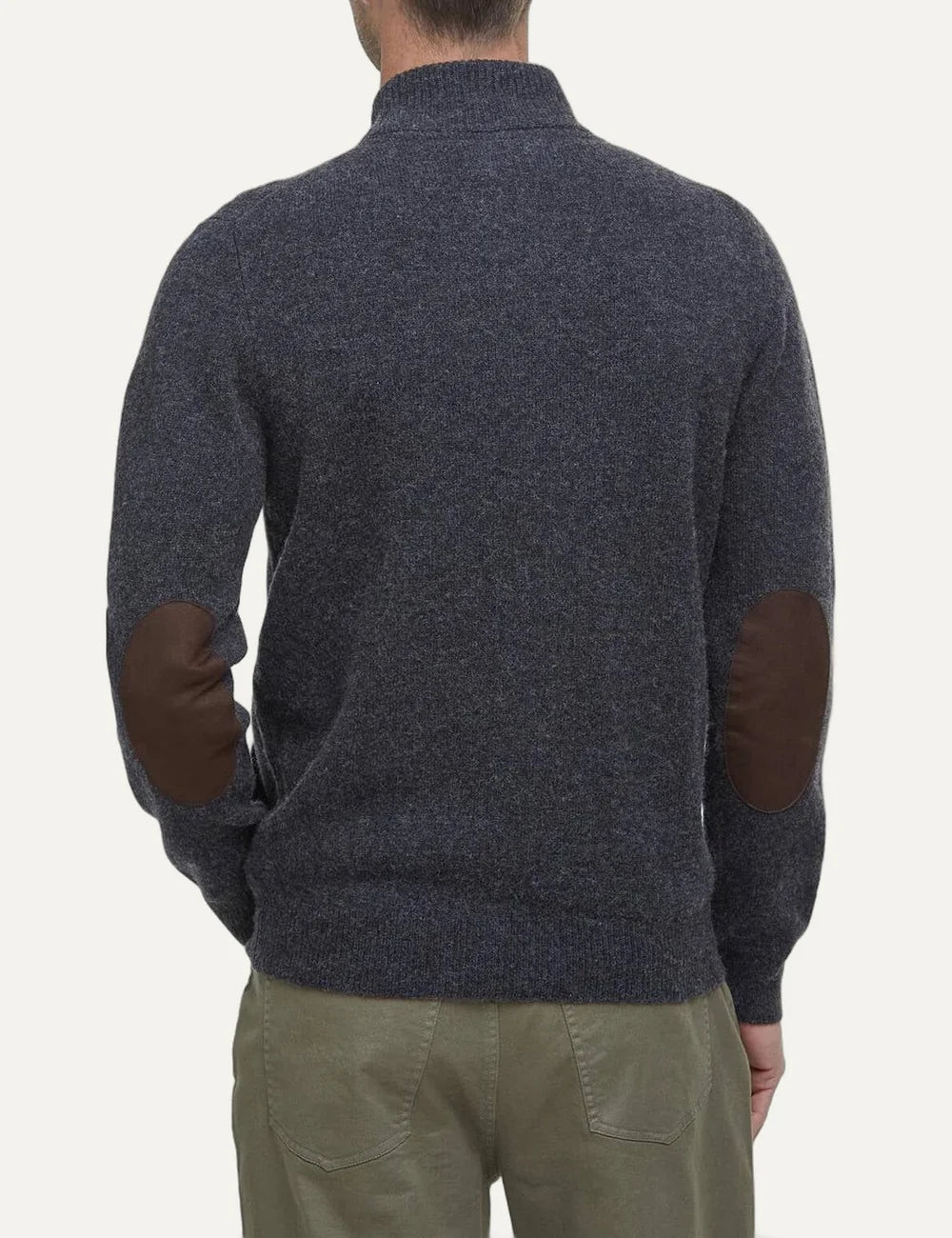 Barbour men's dark grey lambswool button-up knitted cardigan with Alcantara elbow patches back