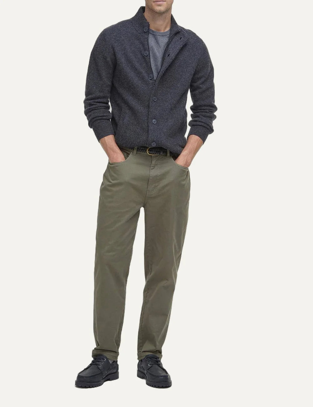 Barbour men's dark grey lambswool button-up knitted cardigan with Alcantara elbow patches full body