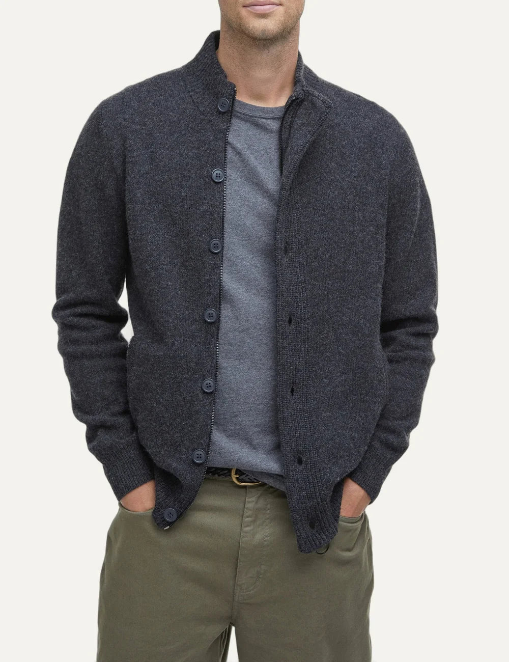 Barbour men's dark grey lambswool button-up knitted cardigan with Alcantara elbow patches model