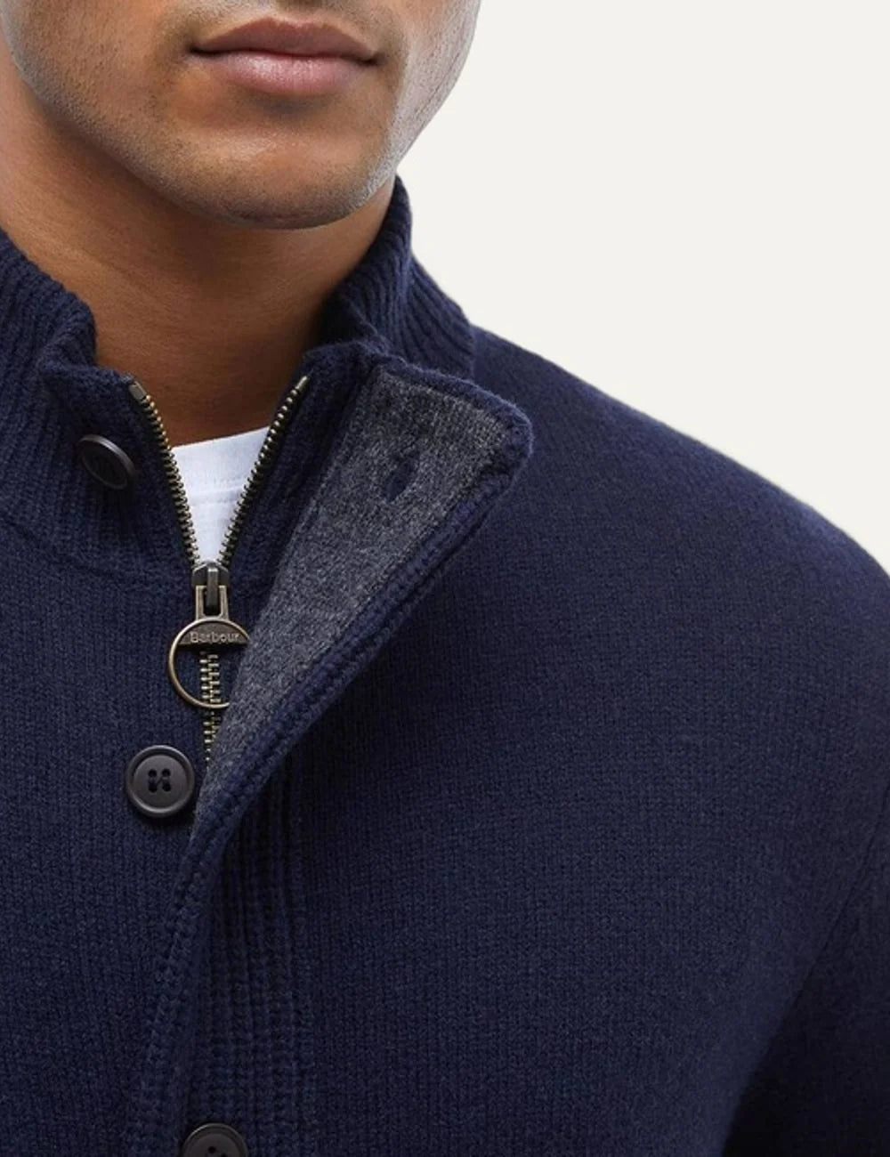 Barbour men's dark navy lambswool button-up knitted cardigan detail