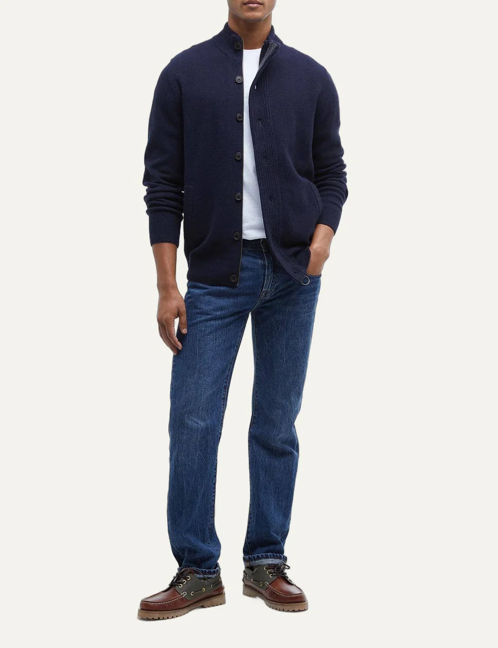 Barbour men's dark navy lambswool button-up knitted cardigan full body