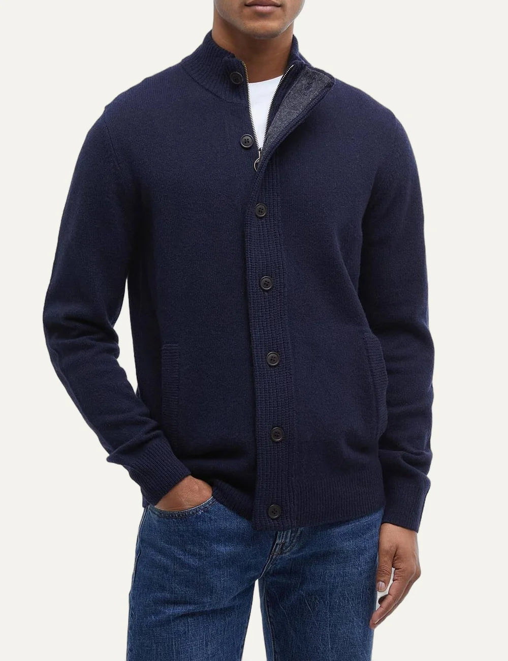 Barbour men's dark navy lambswool button-up knitted cardigan model