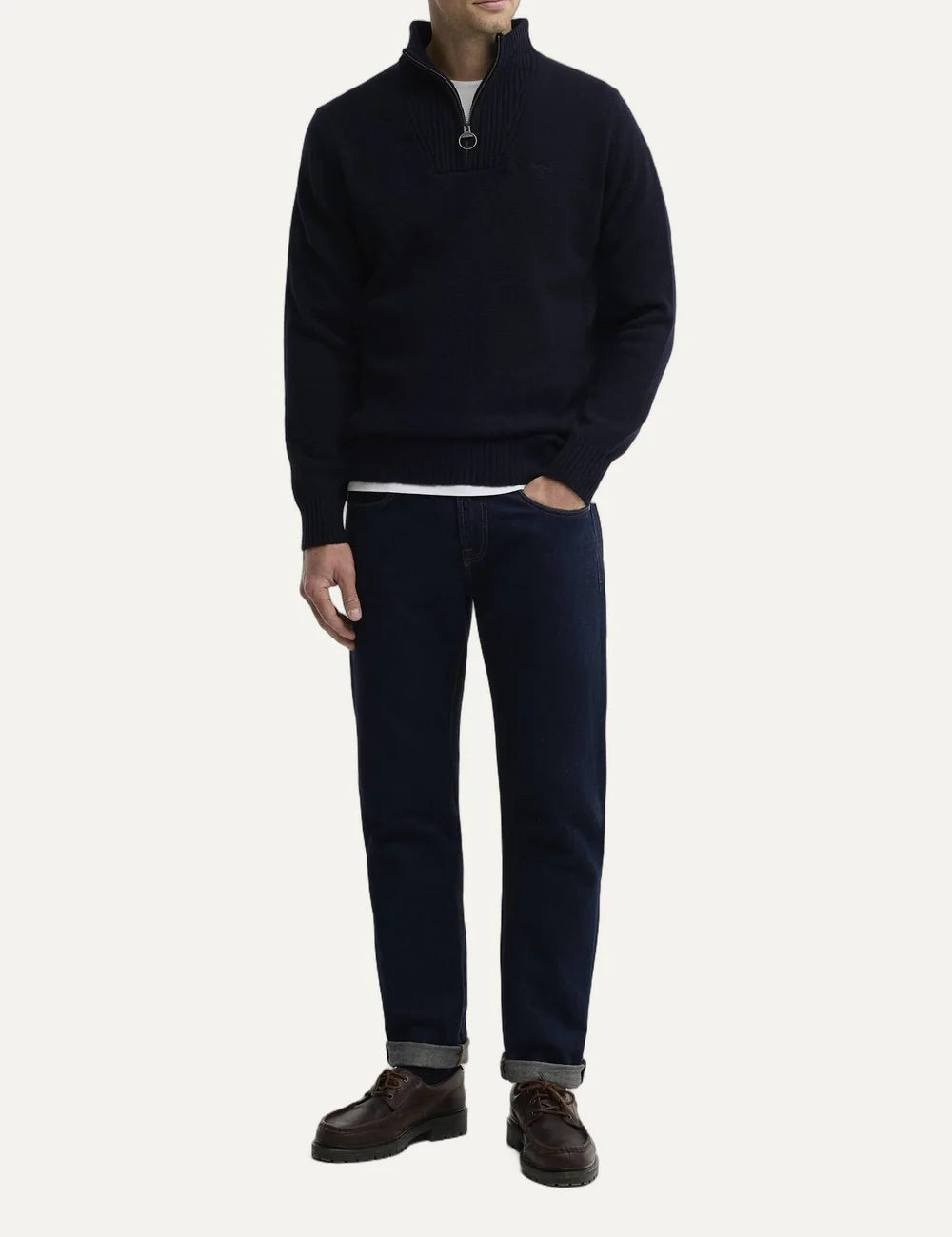 Barbour men's dark navy lambswool quarter-zip knitted jumper full body