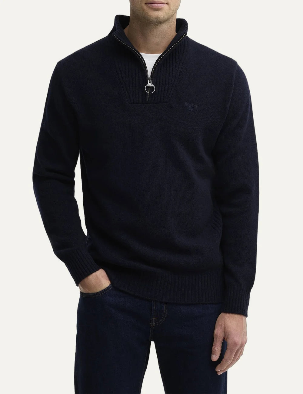 Barbour men's dark navy lambswool quarter-zip knitted jumper model