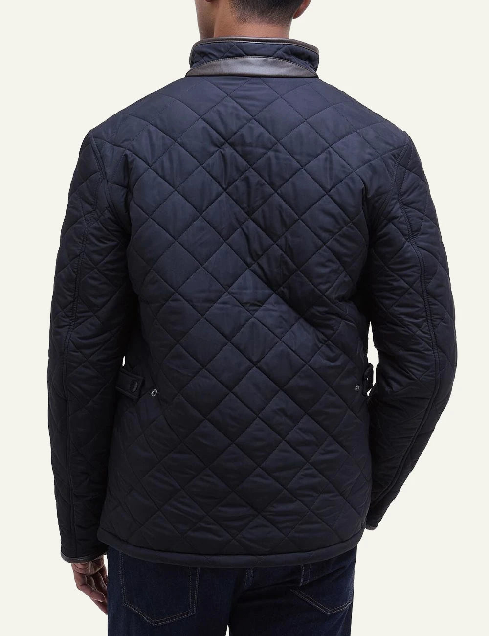 Men's Barbour dark navy quilted jacket with stand collar and front pockets back