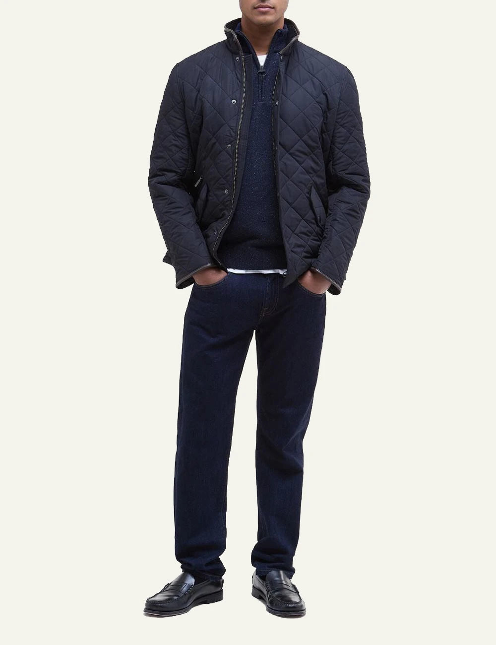 Men's Barbour dark navy quilted jacket with stand collar and front pockets full body