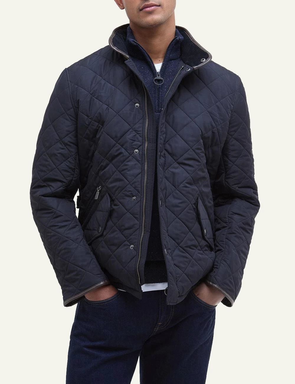 Men's Barbour dark navy quilted jacket with stand collar and front pockets model