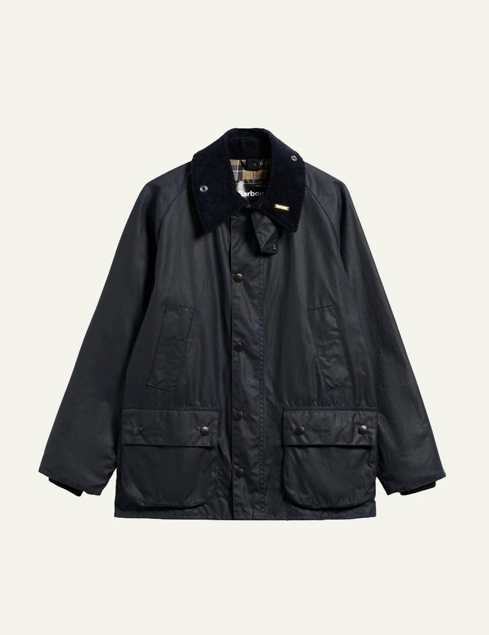 Men's Barbour dark navy waxed cotton jacket with corduroy collar and front pockets