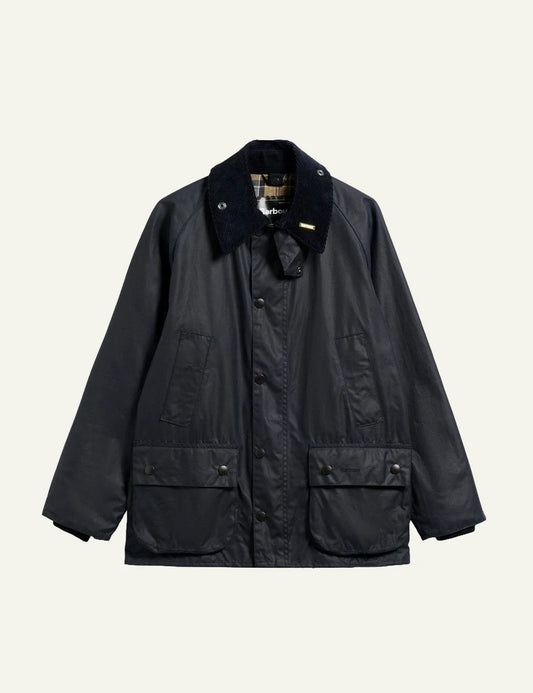 Men's Barbour dark navy waxed cotton jacket with corduroy collar and front pockets