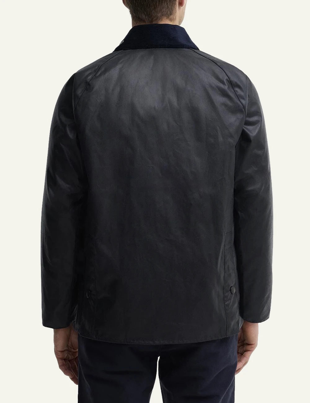 Men's Barbour dark navy waxed cotton jacket with corduroy collar and front pockets back