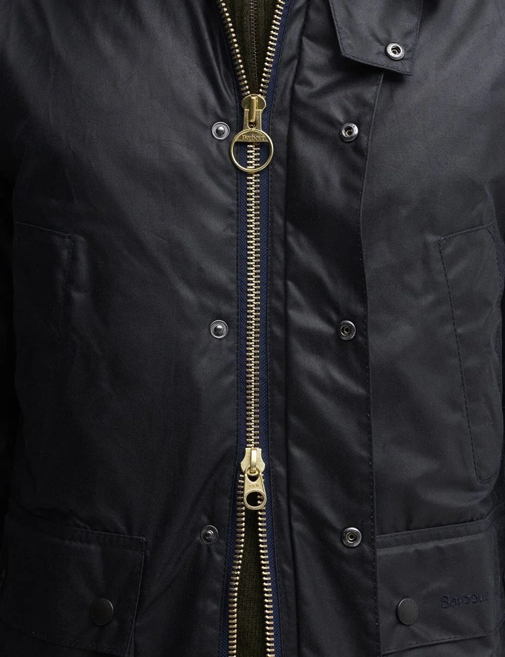 Men's Barbour dark navy waxed cotton jacket with corduroy collar and front pockets detail zip