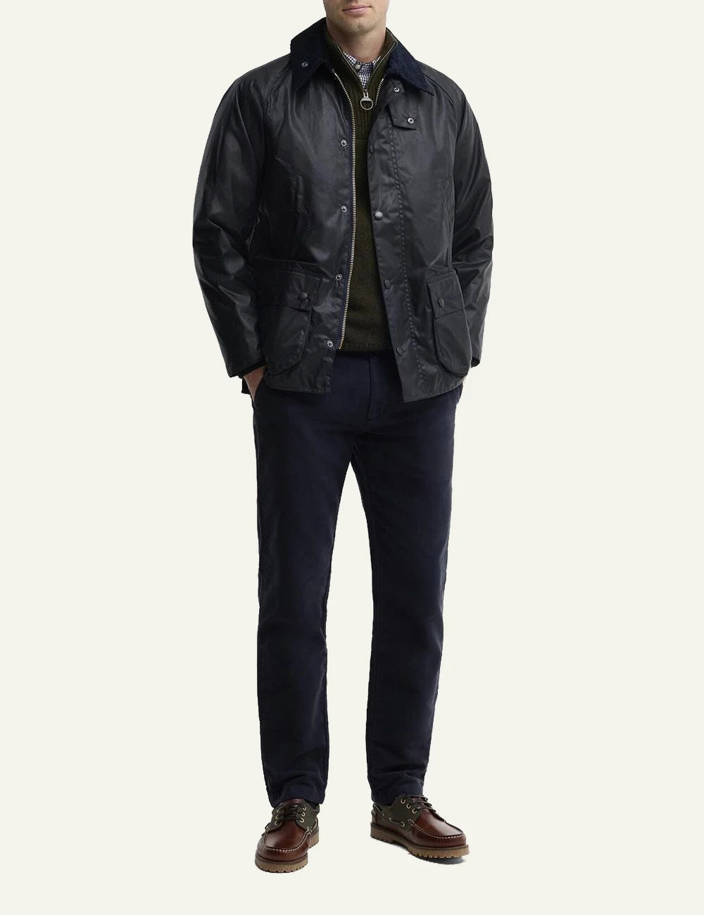 Men's Barbour dark navy waxed cotton jacket with corduroy collar and front pockets full body