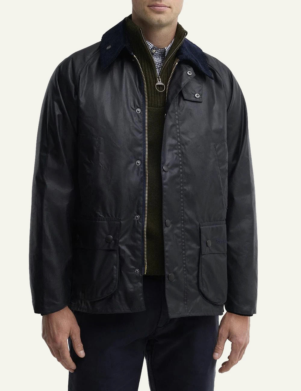Men's Barbour dark navy waxed cotton jacket with corduroy collar and front pockets model