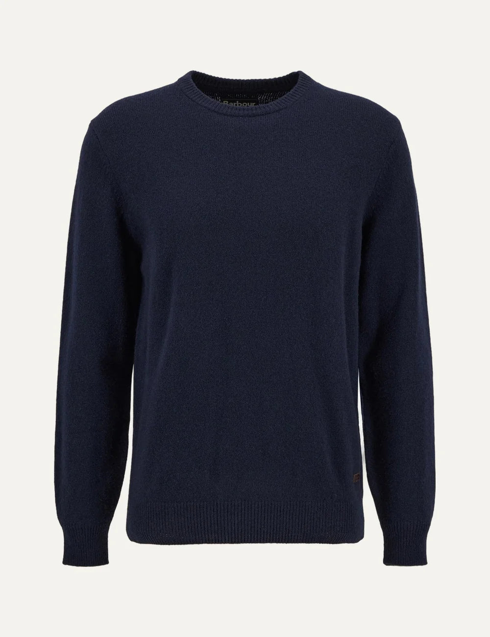 Barbour men's dark navy wool crew neck jumper with leather elbow patches