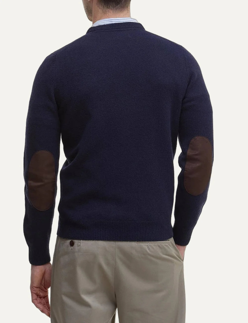 Barbour men's dark navy wool crew neck jumper with leather elbow patches back