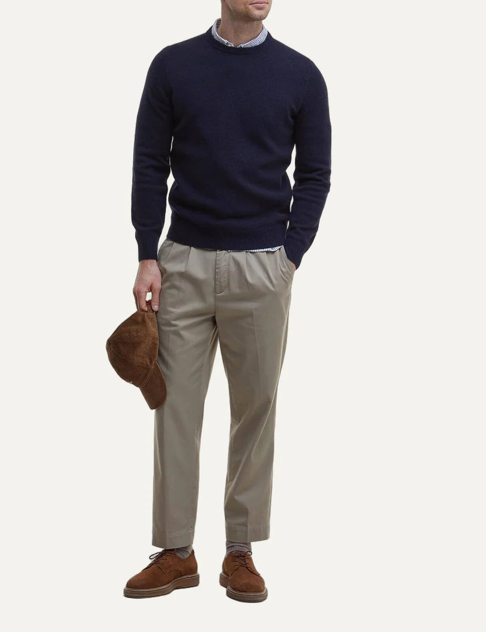 Barbour men's dark navy wool crew neck jumper with leather elbow patches full body