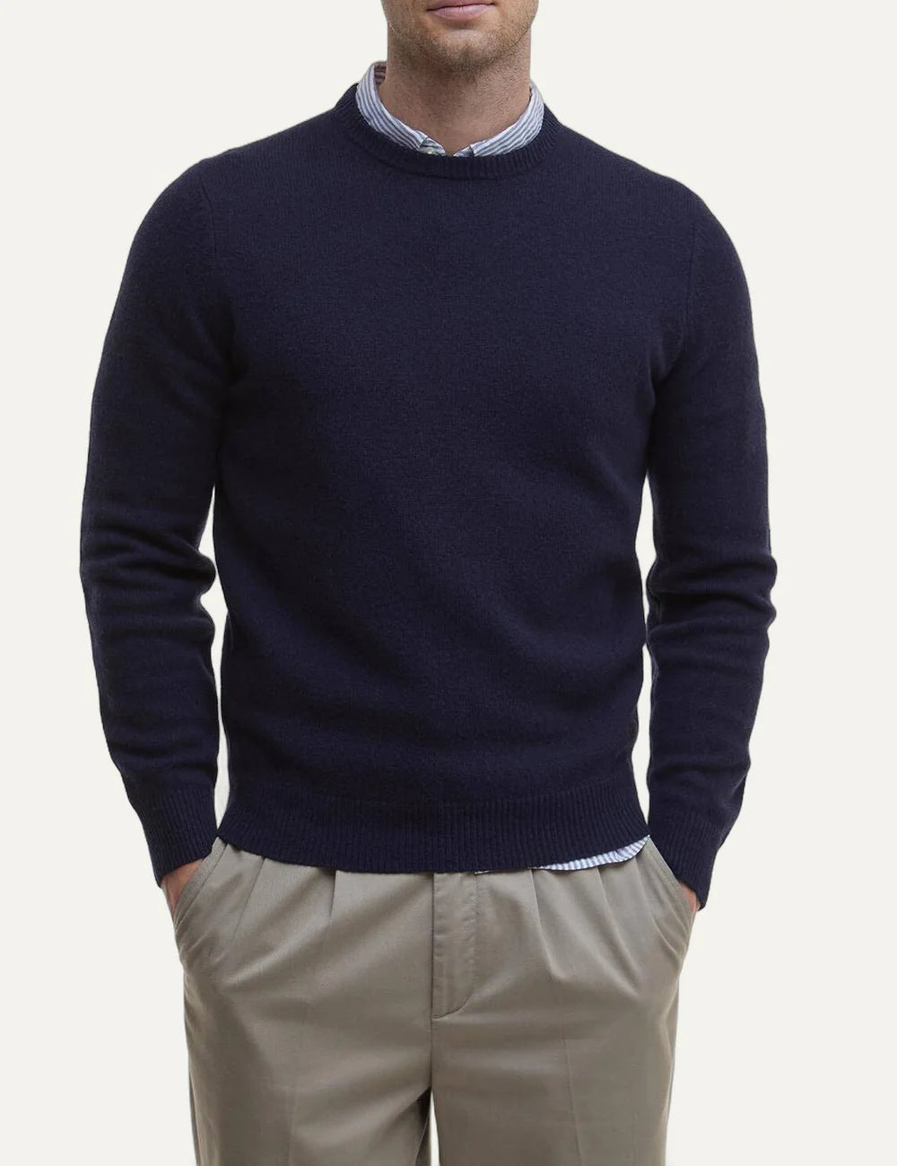 Barbour men's dark navy wool crew neck jumper with leather elbow patches model