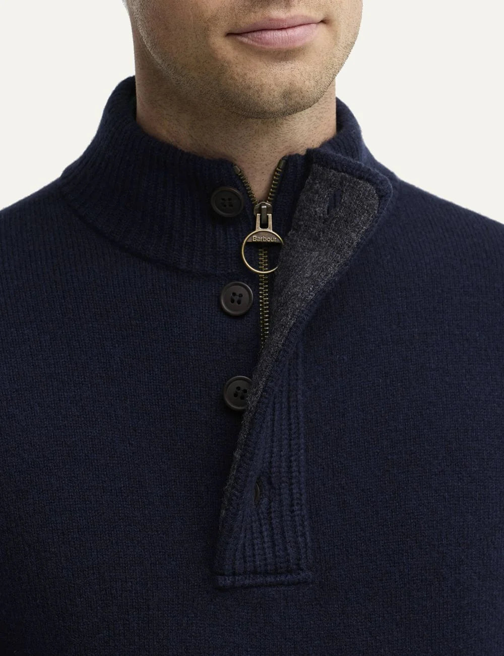 Barbour men's dark navy wool funnel neck jumper with leather elbow patches detail