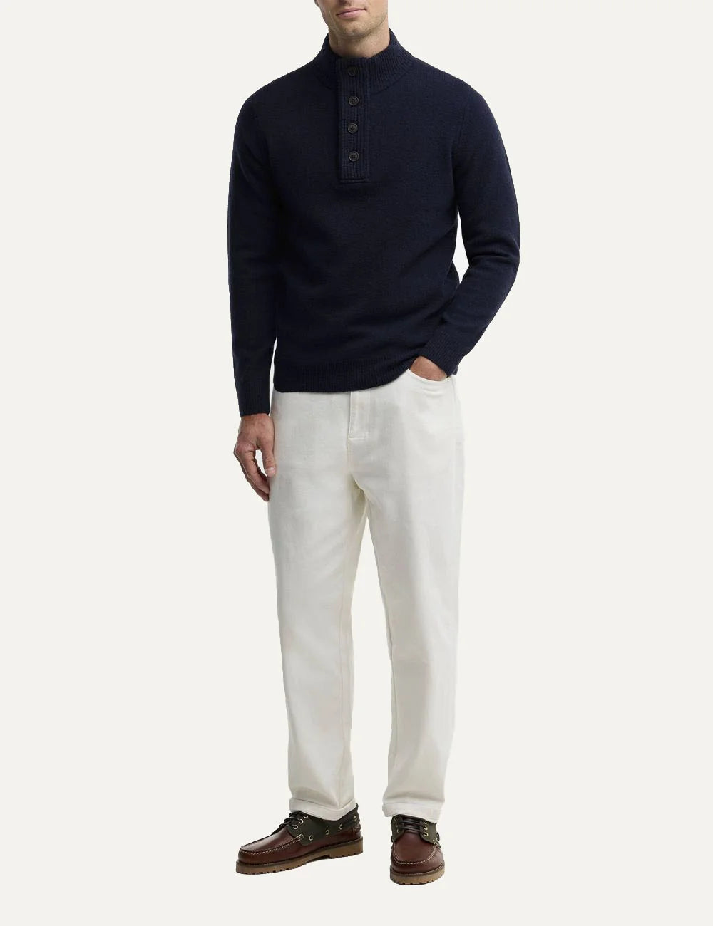 Barbour men's dark navy wool funnel neck jumper with leather elbow patches full body