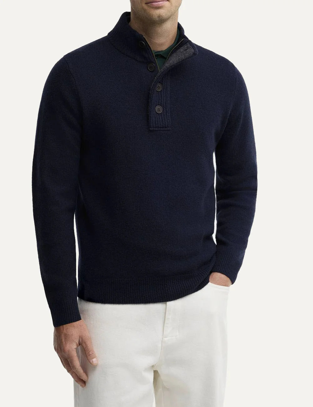 Barbour men's dark navy wool funnel neck jumper with leather elbow patches detail