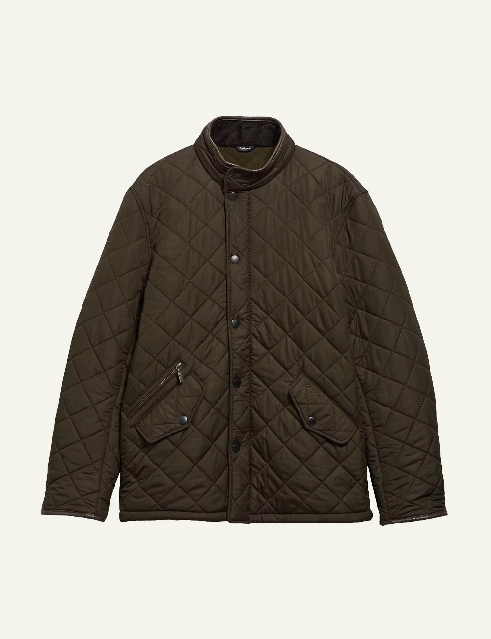 Men's Barbour dark olive quilted jacket with fleece lining and funnel collar
