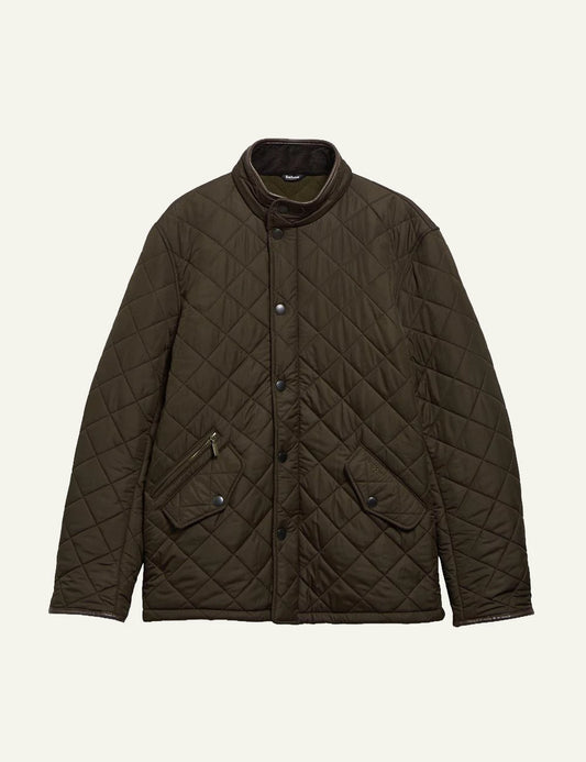 Men's Barbour dark olive quilted jacket with fleece lining and funnel collar